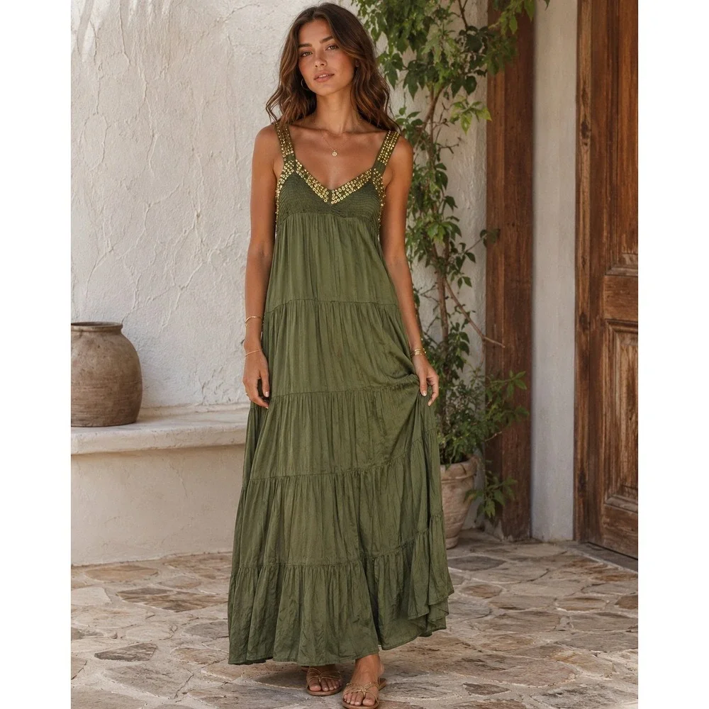 Free People Isadora Maxi Dress XS Olive Satin Gold Sequin Boho Summer
